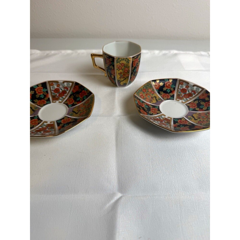 Vintage Japanese Demitasse Cup Saucer Octagonal Black Gold Floral Porcelain Art